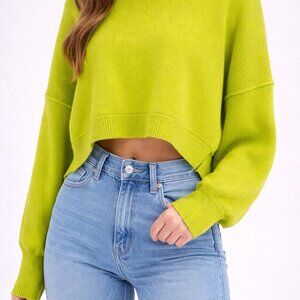 Miss Sparkling Cropped Ribbed Knit Sweater / Neon Green Sz. Small
